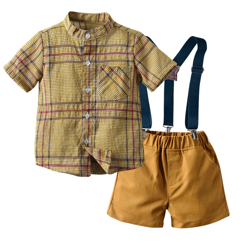 Children's clothing new arrivalsummer boys stripes stand collar short-sleeved shirt overalls boys gentleman dress suit
