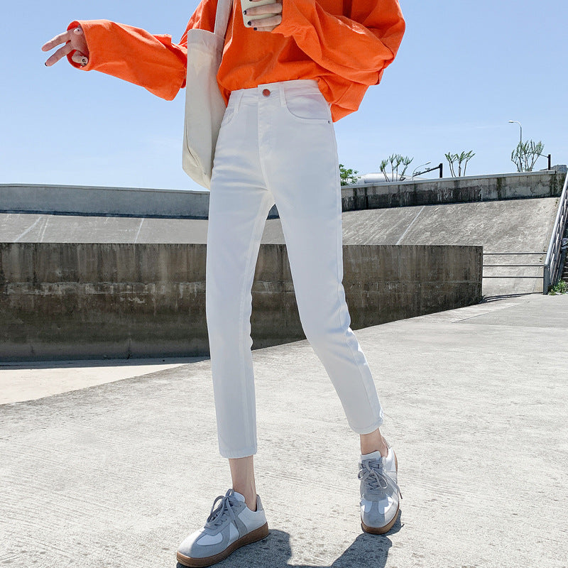 White straight-leg jeans women's spring new korean style stretch petite high-waisted fashion washed casual denim pants