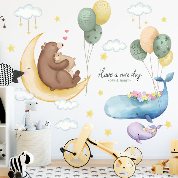 Cross-border wall sticker moon starry sky painting whale hot air balloon self-adhesive wall wallpaper cartoon children's room sticker background wall painting