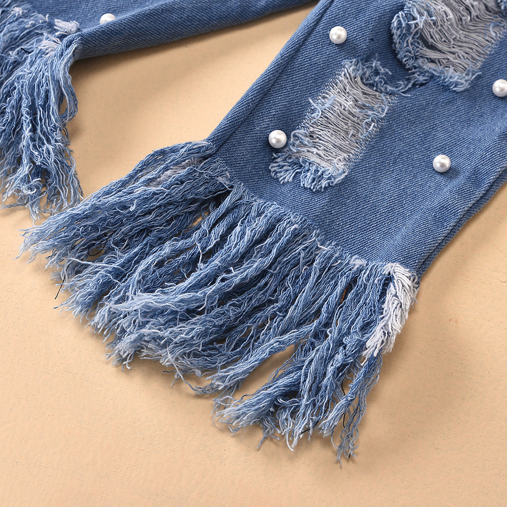 Aliexpress best selling children's clothing mesh patchwork solid color clothes ripped beads raw edge jeans children's suit cross-border exclusive supply