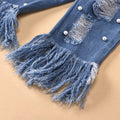 Aliexpress best selling children's clothing mesh patchwork solid color clothes ripped beads raw edge jeans children's suit cross-border exclusive supply