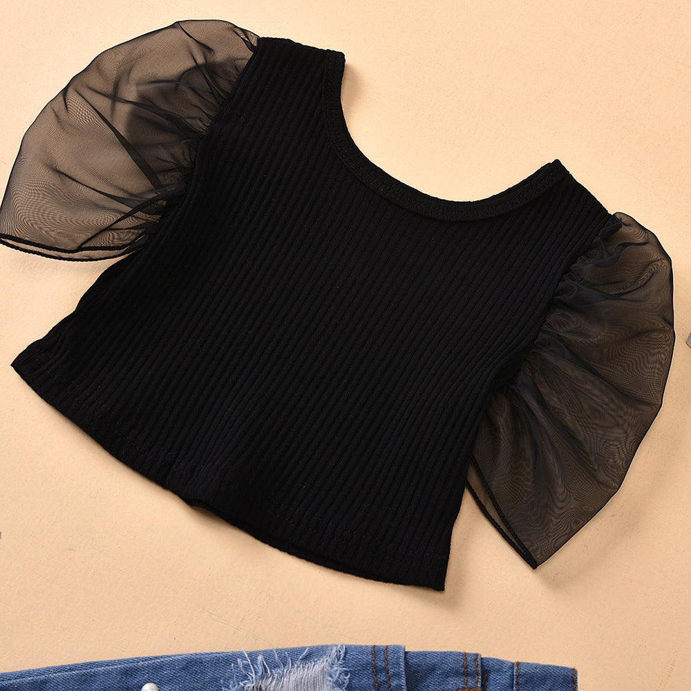 Aliexpress best selling children's clothing mesh patchwork solid color clothes ripped beads raw edge jeans children's suit cross-border exclusive supply