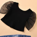 Aliexpress best selling children's clothing mesh patchwork solid color clothes ripped beads raw edge jeans children's suit cross-border exclusive supply