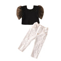 Export cross-border high-quality children's clothing round neck transparent mesh sleeve solid color tops beaded ripped jeans children's suit