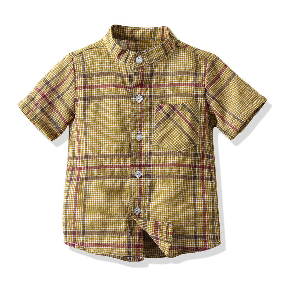 Children's clothing new arrivalsummer boys stripes stand collar short-sleeved shirt overalls boys gentleman dress suit
