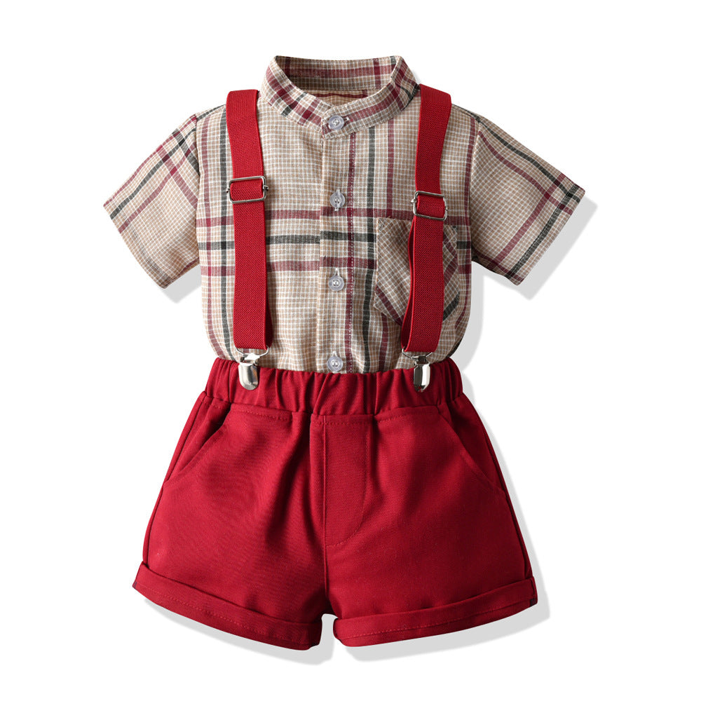 Children's clothing new arrivalsummer boys stripes stand collar short-sleeved shirt overalls boys gentleman dress suit