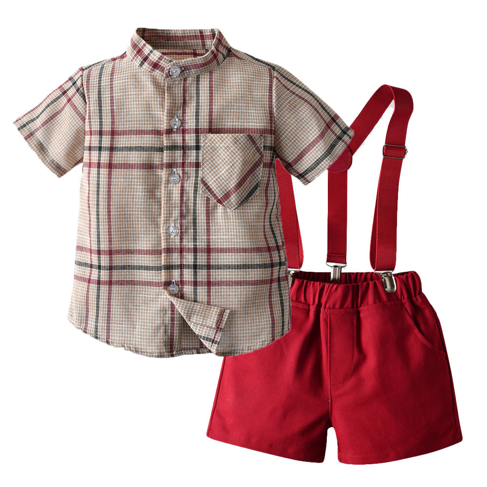 Children's clothing new arrivalsummer boys stripes stand collar short-sleeved shirt overalls boys gentleman dress suit