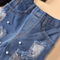 Aliexpress best selling children's clothing mesh patchwork solid color clothes ripped beads raw edge jeans children's suit cross-border exclusive supply