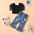 Aliexpress best selling children's clothing mesh patchwork solid color clothes ripped beads raw edge jeans children's suit cross-border exclusive supply