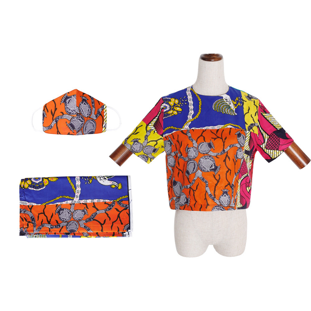 new autumn/winter cross-border sourcing: plus-size african women's wax print short-sleeve top with headscarf and face mask set