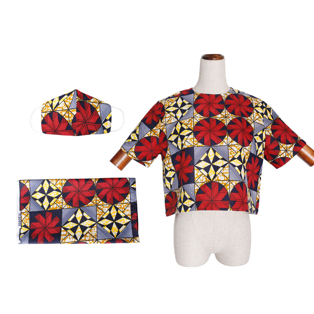 new autumn/winter cross-border sourcing: plus-size african women's wax print short-sleeve top with headscarf and face mask set