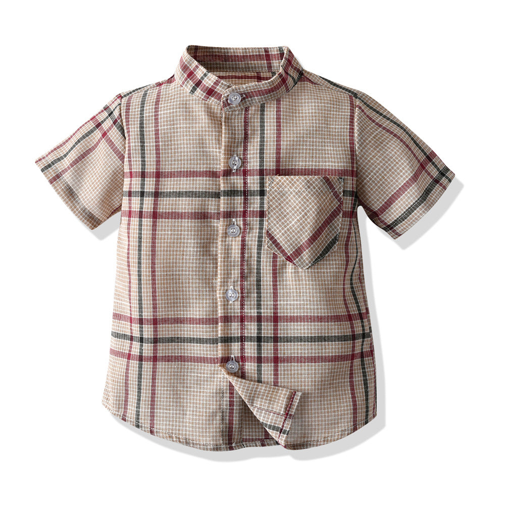 Children's clothing new arrivalsummer boys stripes stand collar short-sleeved shirt overalls boys gentleman dress suit