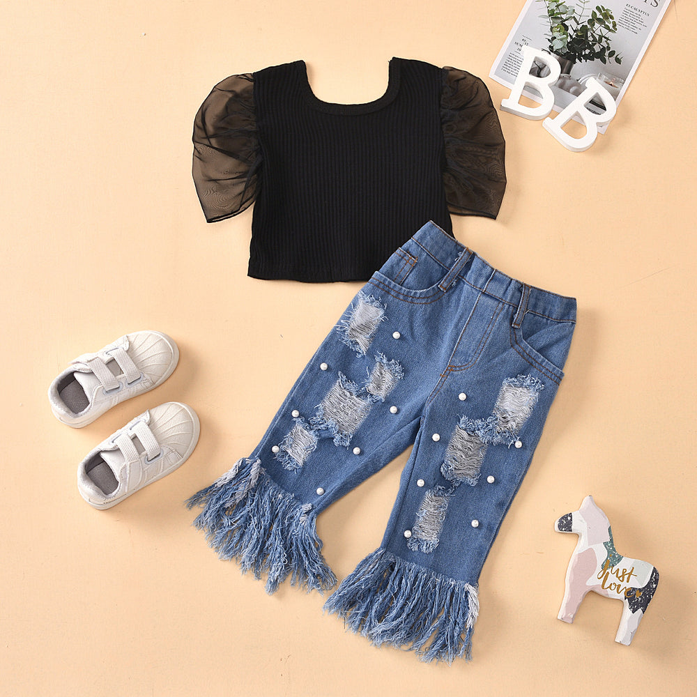 Aliexpress best selling children's clothing mesh patchwork solid color clothes ripped beads raw edge jeans children's suit cross-border exclusive supply
