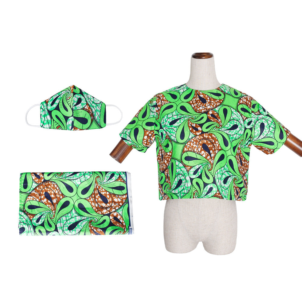 new autumn/winter cross-border sourcing: plus-size african women's wax print short-sleeve top with headscarf and face mask set