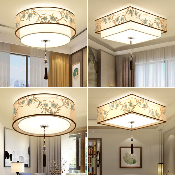 New Chinese bedroom ceiling light led modern simple Chinese style Chinese style lamp round fabric hotel lighting fixtures