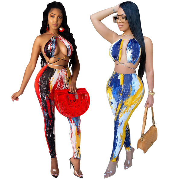 YZ1203 European and American  women's clothing   sexy fashion tie-dye chest-wrapped trousers two-piece set