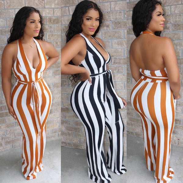 YZ1205 European and American  women's clothing  sexy fashion neck halter with belt striped horn jumpsuit