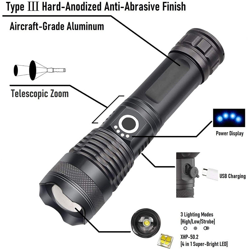 Cross-border explosive XHP50 high-brightness and strong light flashlight, aluminum alloy outdoor waterproof charging zoom LED flashlight