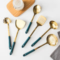 Custom nis cookware set - emerald stainless steel cooking spoons, spatulas, ladles with custom ceramic handles for kitchen use