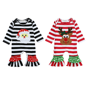 Amazon hot selling christmas two-color striped santa/deer head one-piece jumpsuit factory direct sales in stock