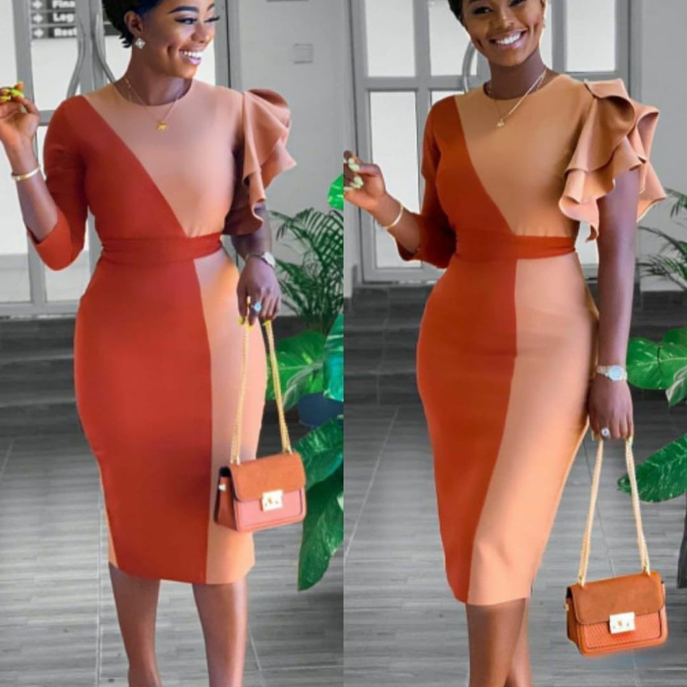 fashion african   hot-selling two-color patchwork asymmetrical sleeves belt dress