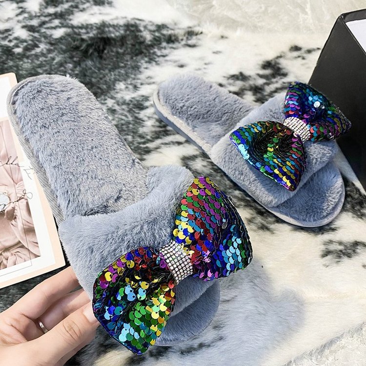 New arrival cross-border slippers women's stuffedbows one-word stuffed slippers european and american flatscasual open toe slippers stuffed