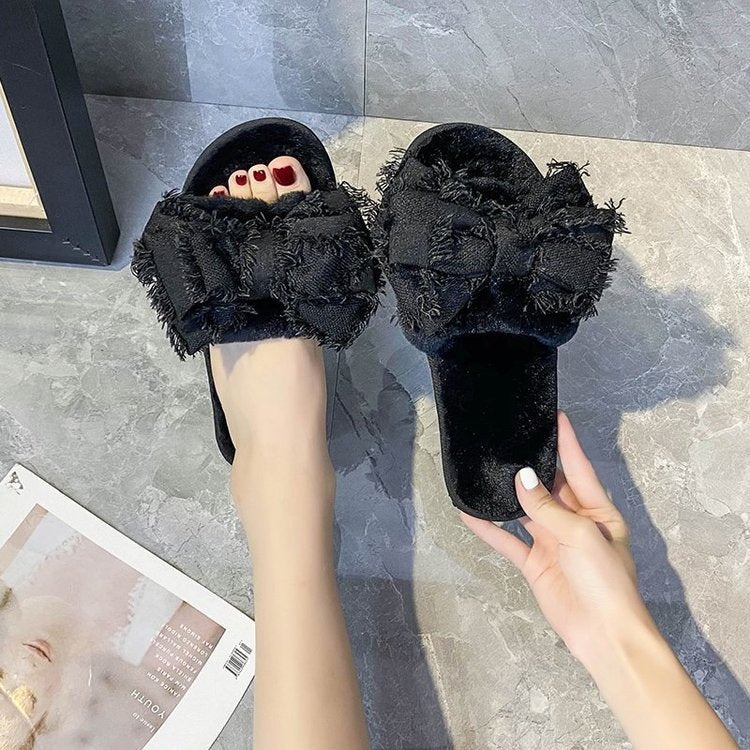 New arrival cross-border slippers women's stuffedbows one-word stuffed slippers european and american flatscasual open toe slippers stuffed