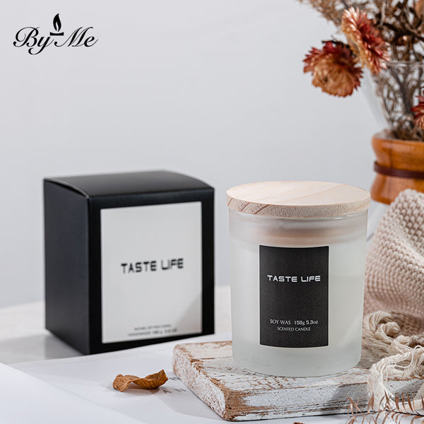 BYME Mask Glass Handmade Soybean Wax Scented Candle 7080 Transparent Wood Cover Smokeless Fragrance Candle Gift