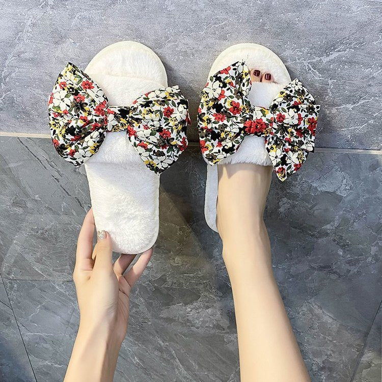 New arrival cross-border slippers women's stuffedbows one-word stuffed slippers european and american flatscasual open toe slippers stuffed