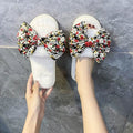 New arrival cross-border slippers women's stuffedbows one-word stuffed slippers european and american flatscasual open toe slippers stuffed