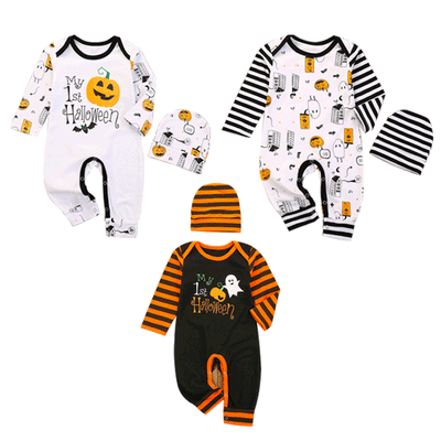 halloween new product ins popular children's clothing printing one-piece long-sleeved khaki romper + hat two-piece set in stock
