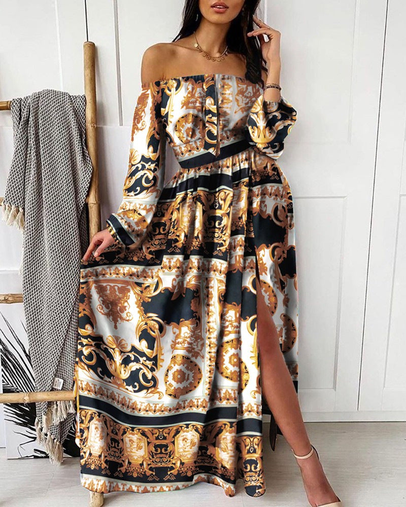 2025 spring/summer new collection: european & american style printed evening gown - v-neck, pullover, vintage long sleeve, high slit maxi dress