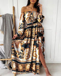 2025 spring/summer new collection: european & american style printed evening gown - v-neck, pullover, vintage long sleeve, high slit maxi dress