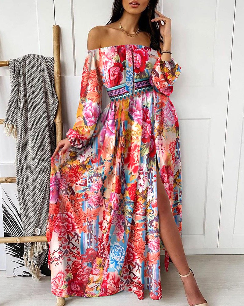 2025 spring/summer new collection: european & american style printed evening gown - v-neck, pullover, vintage long sleeve, high slit maxi dress