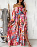 2025 spring/summer new collection: european & american style printed evening gown - v-neck, pullover, vintage long sleeve, high slit maxi dress