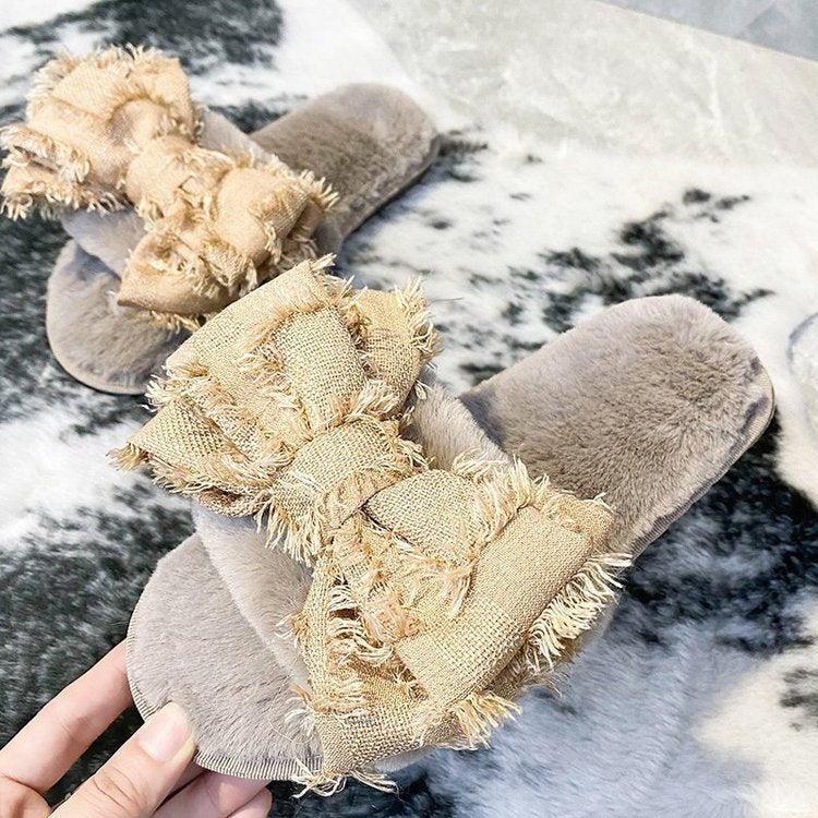 New arrival cross-border slippers women's stuffedbows one-word stuffed slippers european and american flatscasual open toe slippers stuffed