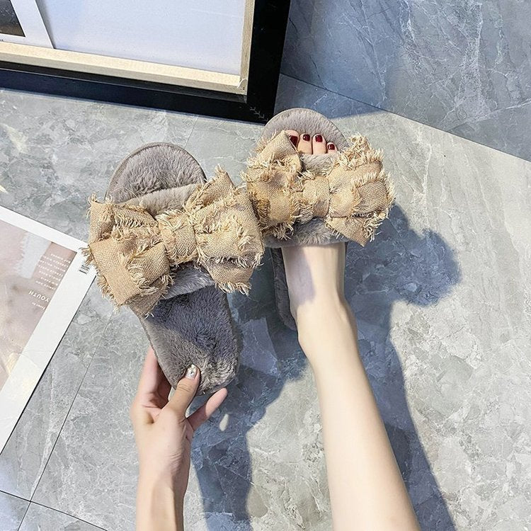 New arrival cross-border slippers women's stuffedbows one-word stuffed slippers european and american flatscasual open toe slippers stuffed