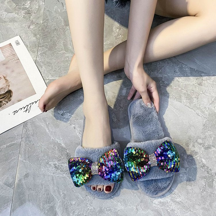 New arrival cross-border slippers women's stuffedbows one-word stuffed slippers european and american flatscasual open toe slippers stuffed