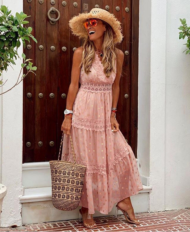 Summer new arrivals: women's sexy deep v sleeveless chiffon dress - patchwork midi dress for  &