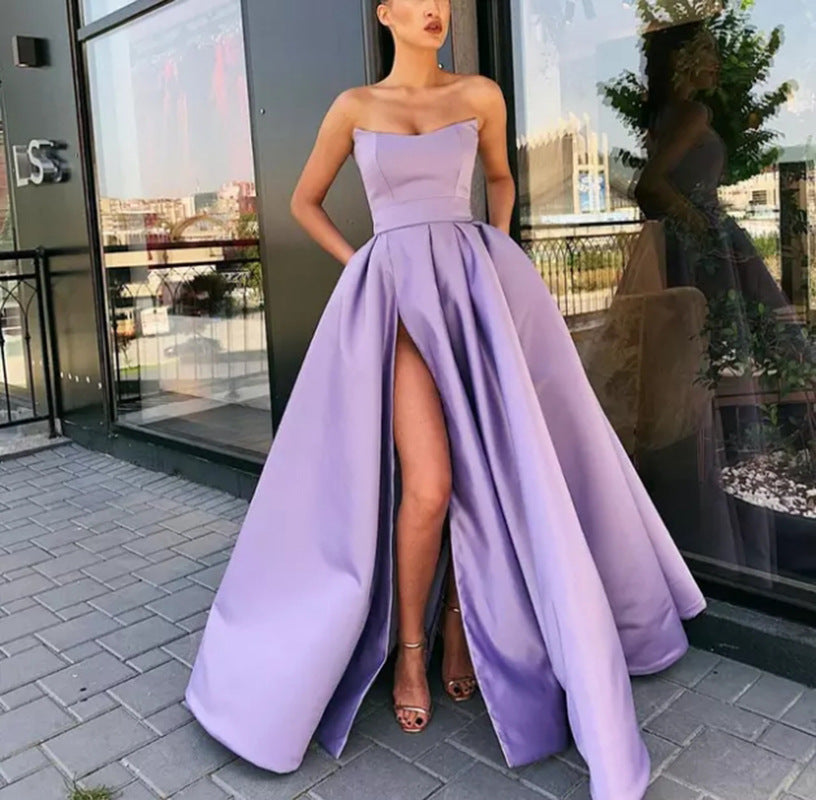 new european and american export style evening gown - sexy bandeau slit maxi dress for performances, banquets, and hostesses