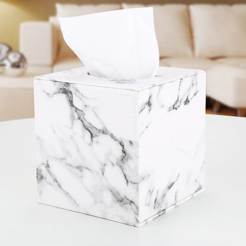 Leather Cylinder Roll Paper Box Premium Light Luxury Square Tissue Tube Marble Pattern Living Room Coffee Table Tissue Box Wholesale