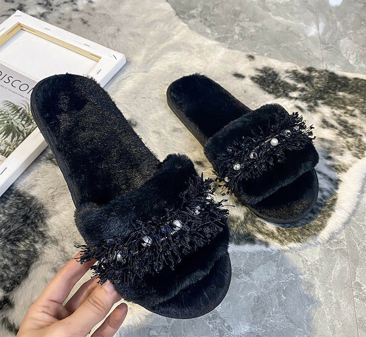 imitation rabbit fur slippers fall and winter new arrival fur women's slippers pearl outwear home fur slippers women's one piece dropshipping