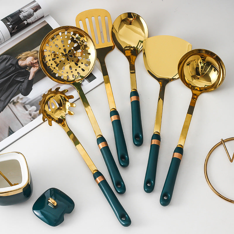 Nordic light luxury cookware set - matte dark green cooking spatula and spoon with creative ceramic handles, stainless steel kitchen utensils