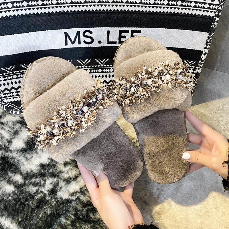 imitation rabbit fur slippers fall and winter new arrival fur women's slippers pearl outwear home fur slippers women's one piece dropshipping