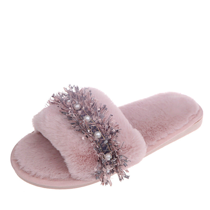 imitation rabbit fur slippers fall and winter new arrival fur women's slippers pearl outwear home fur slippers women's one piece dropshipping