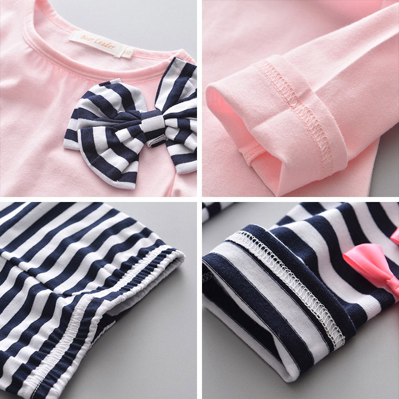 European and american spring new girls' export pure cotton long-sleeved striped pants set, girls' autumn and winter export korean style children's clothing