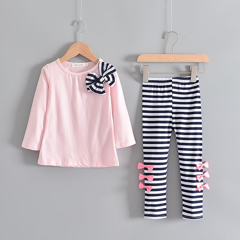 European and american spring new girls' export pure cotton long-sleeved striped pants set, girls' autumn and winter export korean style children's clothing