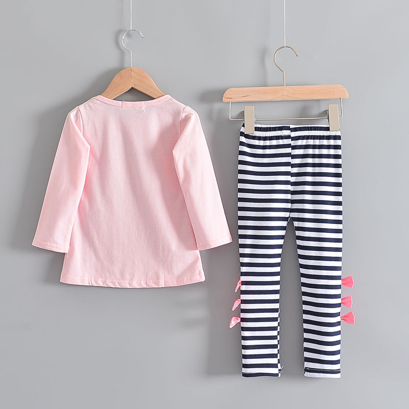 European and american spring new girls' export pure cotton long-sleeved striped pants set, girls' autumn and winter export korean style children's clothing