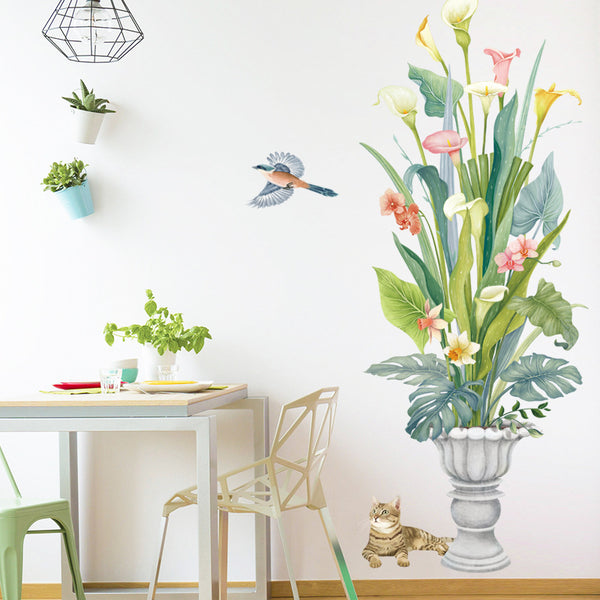 Chinese style wall sticker potted plant calla lily turtle back bamboo cat bird wall wallpaper wall decoration living room sticker