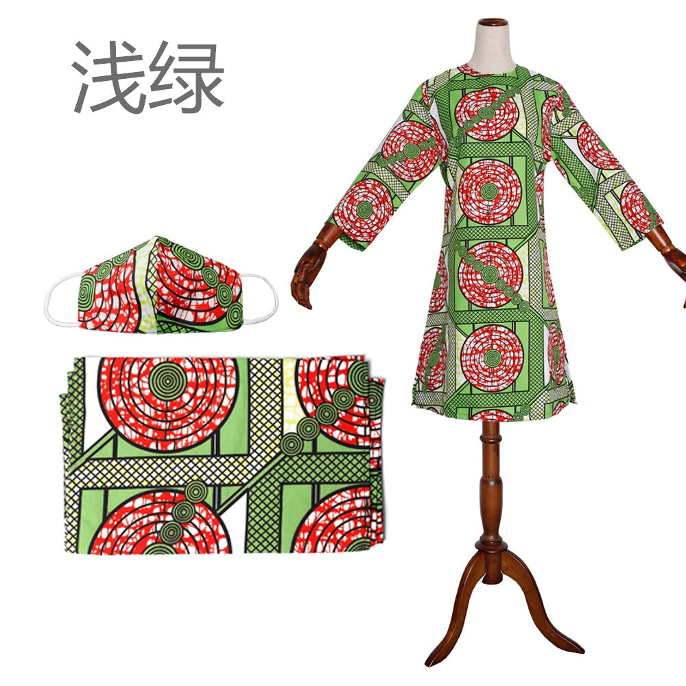 African women's fashion: european and american cross-border e-commerce,   new collection - wax print dress with matching headscarf and face mask